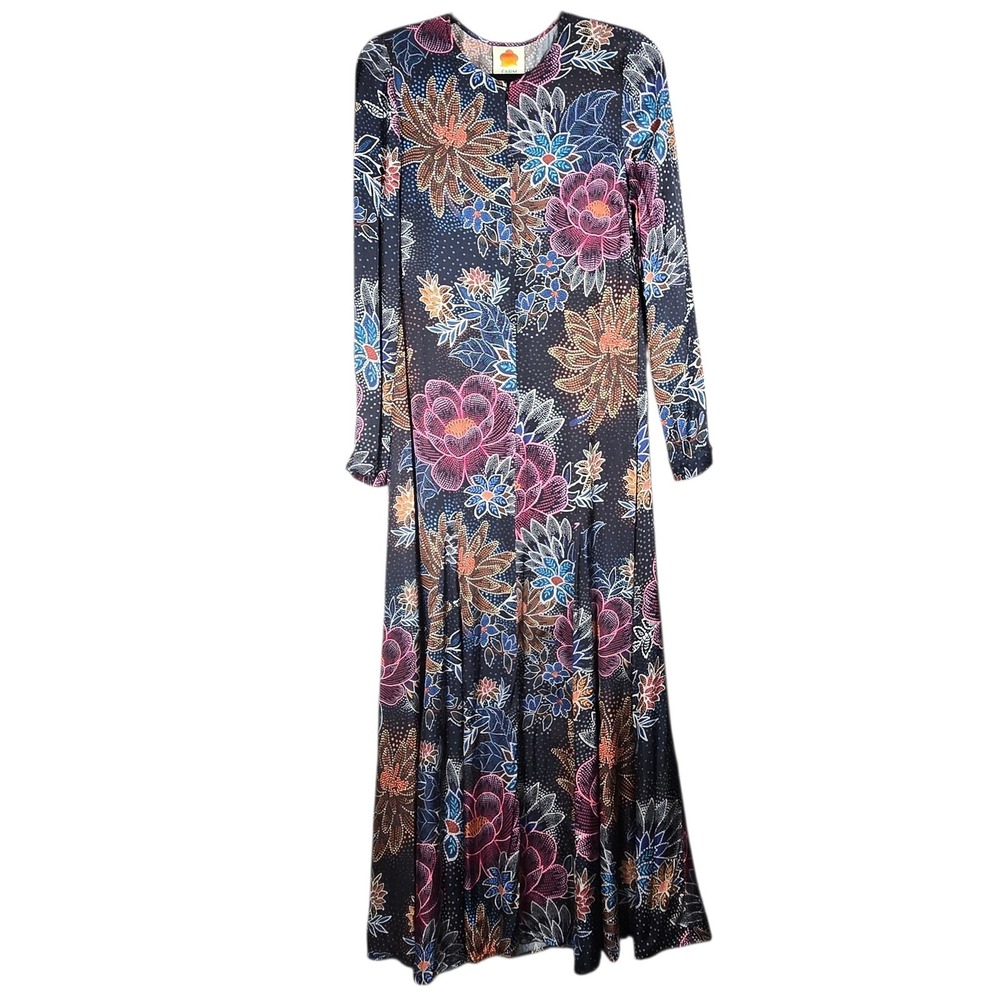 FARM Rio Maxi Dress Womens Small Black Floral Zip Front Long Sleeve Tiered Boho